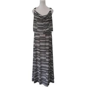 Calvin Klein Size M Black White Striped Maxi Dress Sleeveless Cowl Neck